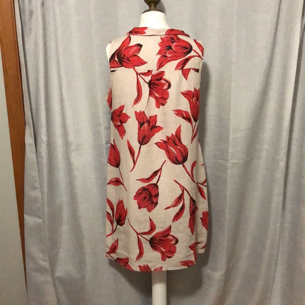 NWT Lina Tomei Linen Dress-Sz M-Beige and Red Floral Print-Wider Folded Collar - Picture 3 of 16